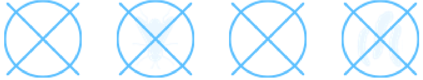 ícones dos parasitos carrapato, mosca-dos-chifres, berne e três larvas de bicheira respectivamente, todos na cor branca, com círculo azul em cada um deles e um X maior que o círculo na mesma cor azul. O fundo da image é preta.