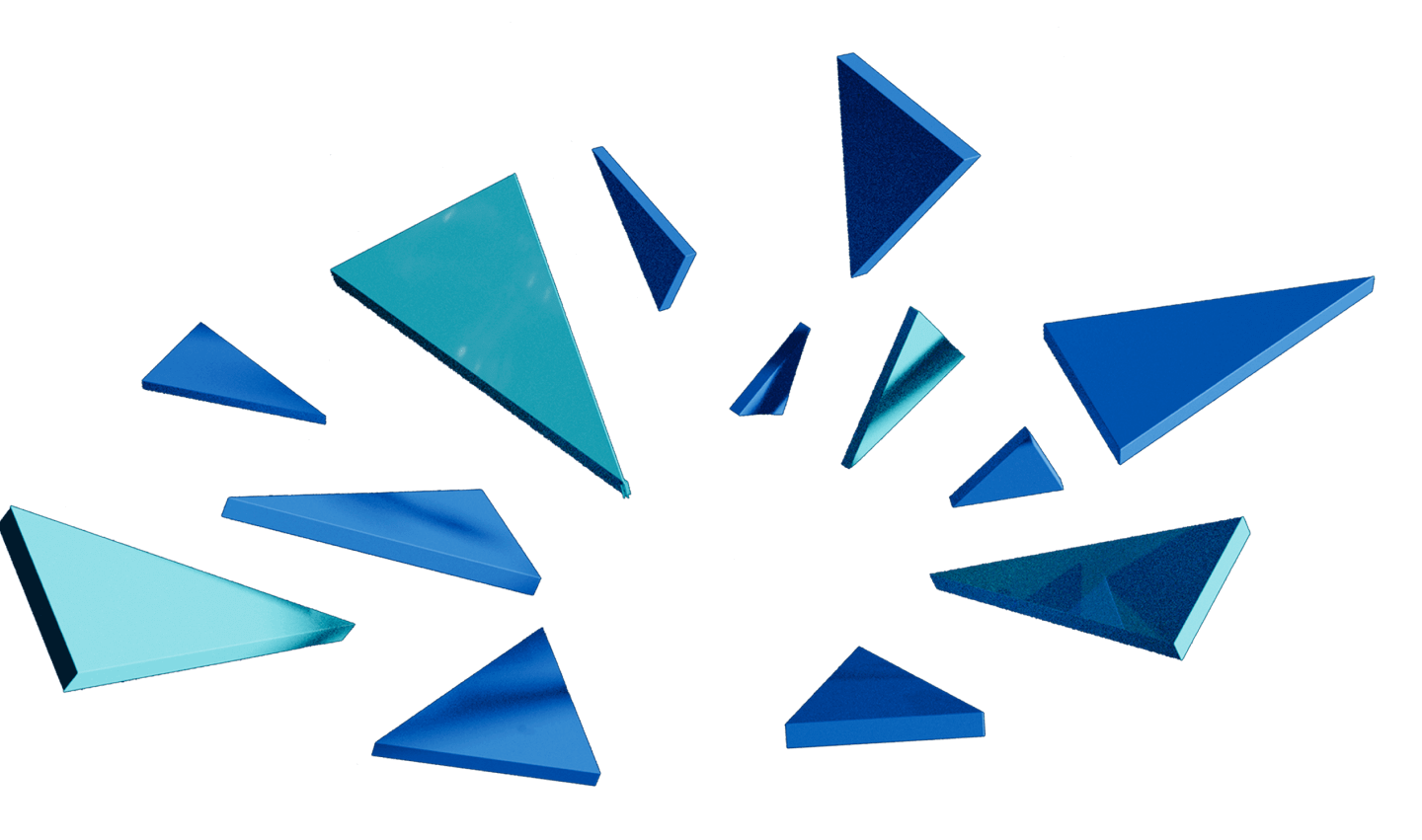 imagens triangulares com variações de azul parecendo vidros explodindo